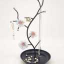 White & Pink Orchid Blooms Jewelry Display Stand | Faux Crystal Dcor Black Tray | Tree Tower Rack Hanging Organizer for Rings Earrings Necklaces Bracelets | Holder Organizer Storage