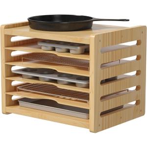 6 Tier Wooden Tray Dividers for Cabinets, Kitchen Vertical Cookie Sheet Organizer, Baking Trays Storage Rack for Baking Pans, Cutting Board
