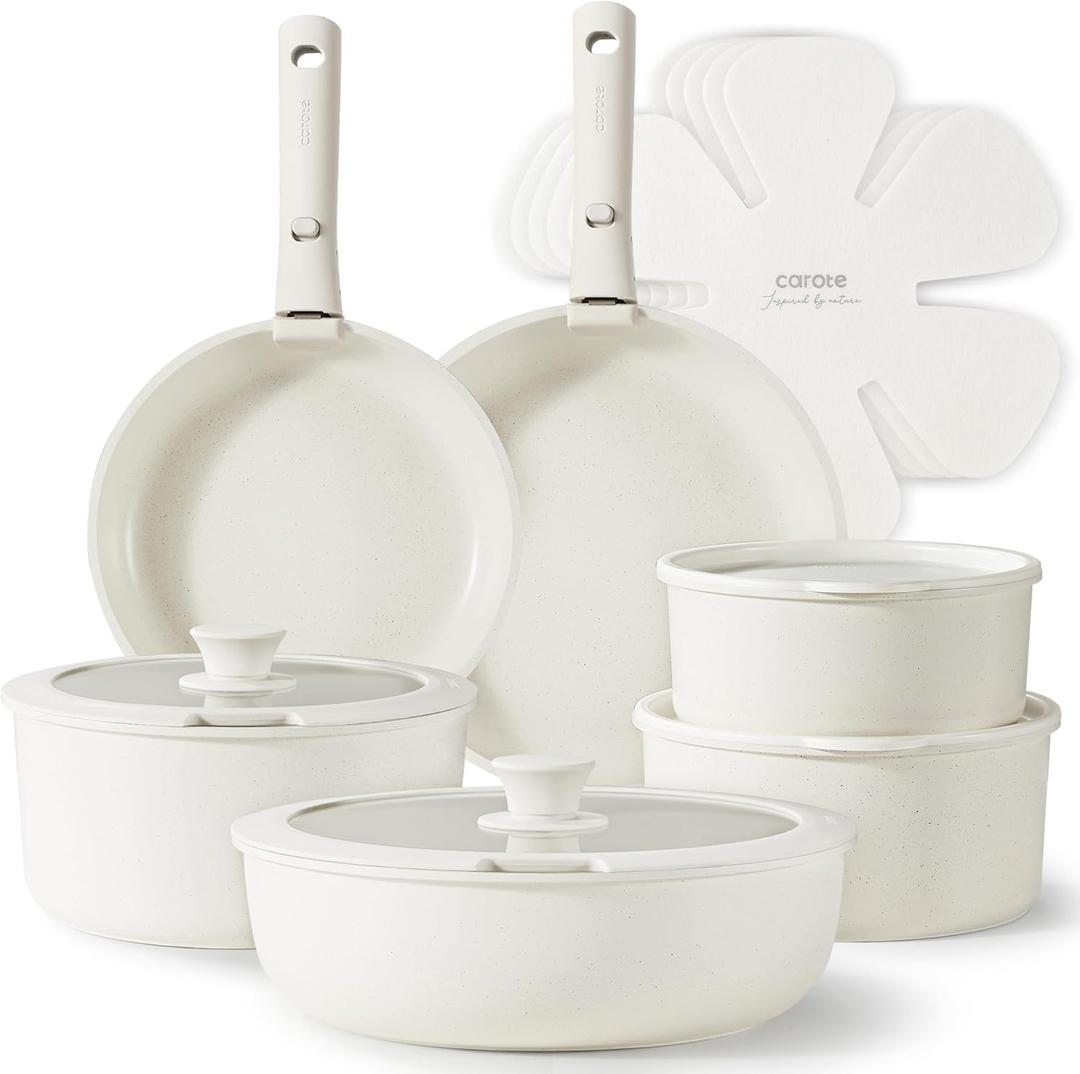 CAROTE 17pcs Pots and Pans Set, Nonstick Cookware Set Detachable Handle, Induction Kitchen Cookware Sets Non Stick with Removable Handle, RV Cookware Set, Oven Safe, Saucepan Set (Cream White)