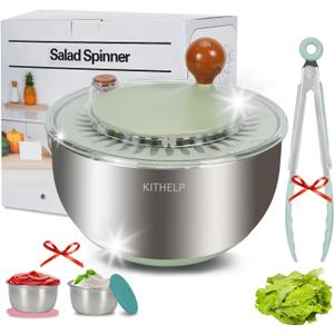 KITHELP Stainless Steel Salad Spinner Large, Vegetables Fruits Wash Bowl with Strainer, Lettuce Spinner Dryer for Efficient Salad Preparation 5.3Qt (Silver)