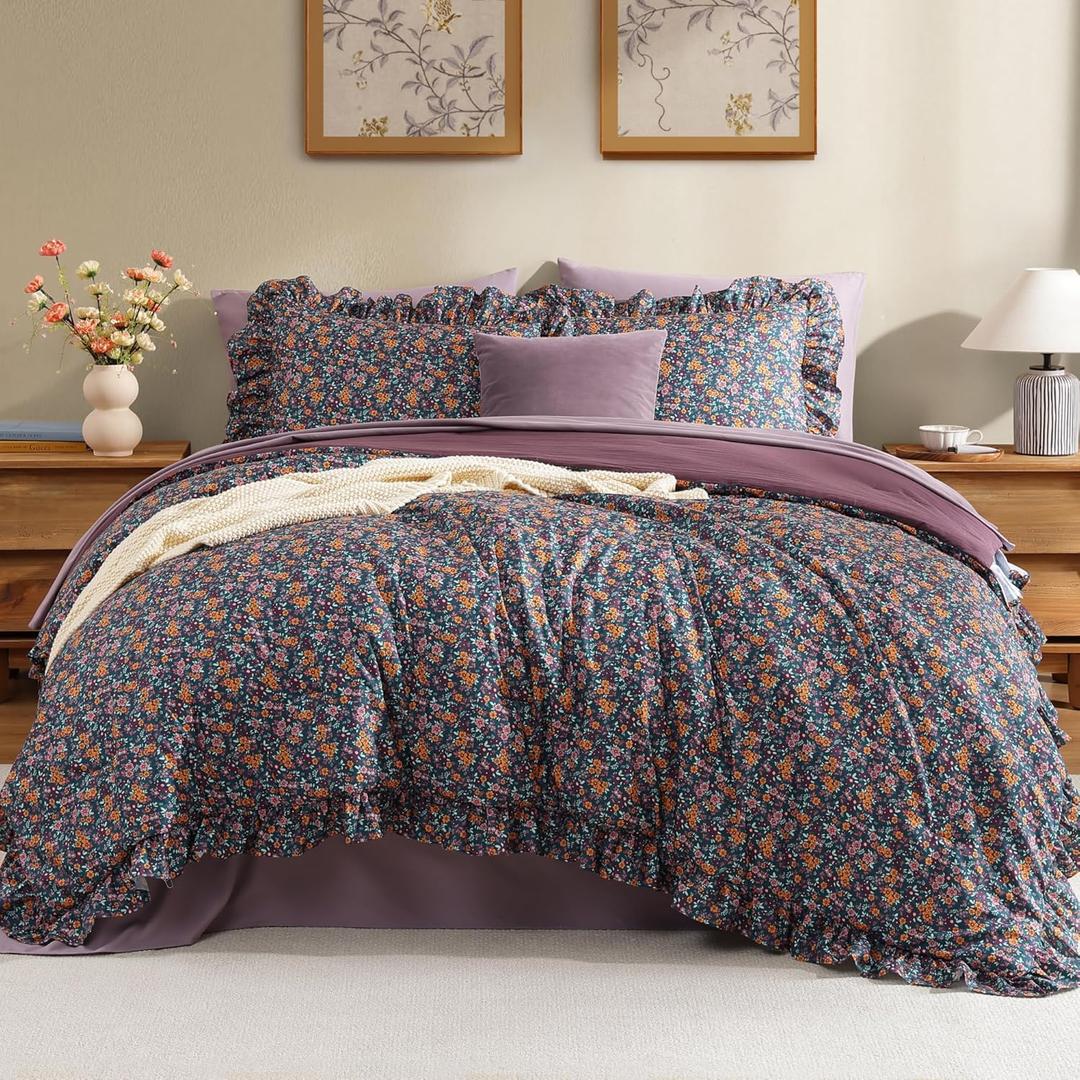 Full Comforter Set - 7 Pieces Ruffle Purple Ditzy Bedding Sets, Shabby Chic Farmhouse Bed in a Bag with Ruffle Comforter, Sheets, Pillowcases & Shams