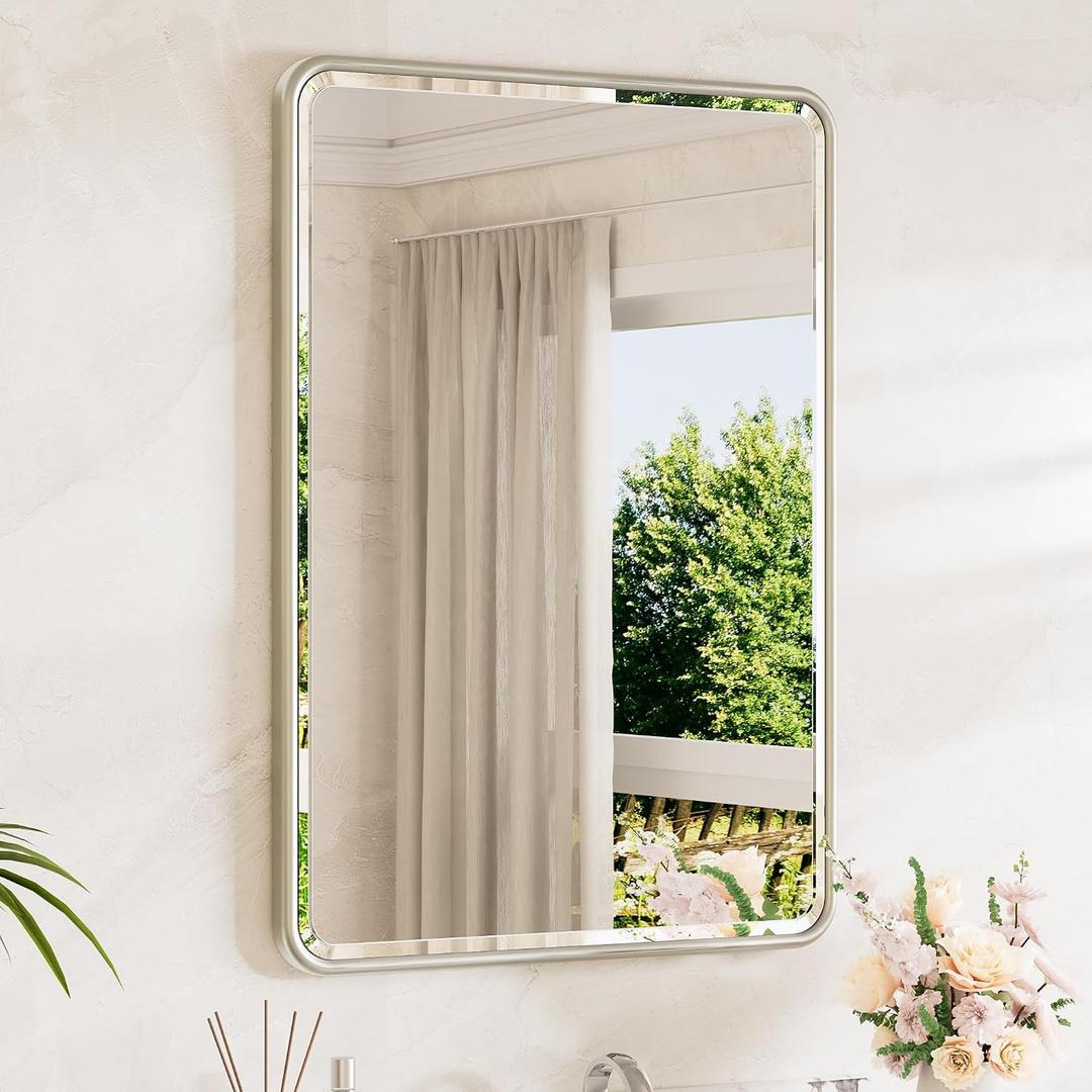 TETOTE Brushed Nickel Bathroom Mirror for Over Sink 24 x 36 Beveled Edge Tempered Glass, Rounded Corner Rectangle Framed Mirror for Modern Bathroom, Living Room, Bedroom, Entryway