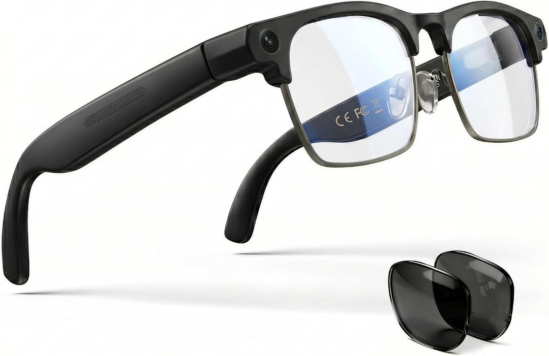 EGQINR 4K Camera Smart Glasses, 8MP Camera Glasses for Life Vlog Travel Work, AI Assistant, Photos, Open-Ear Audio, Blue Light Blocking Glasses, Real-Time Translation, Extra Sunglasses for Men Women
