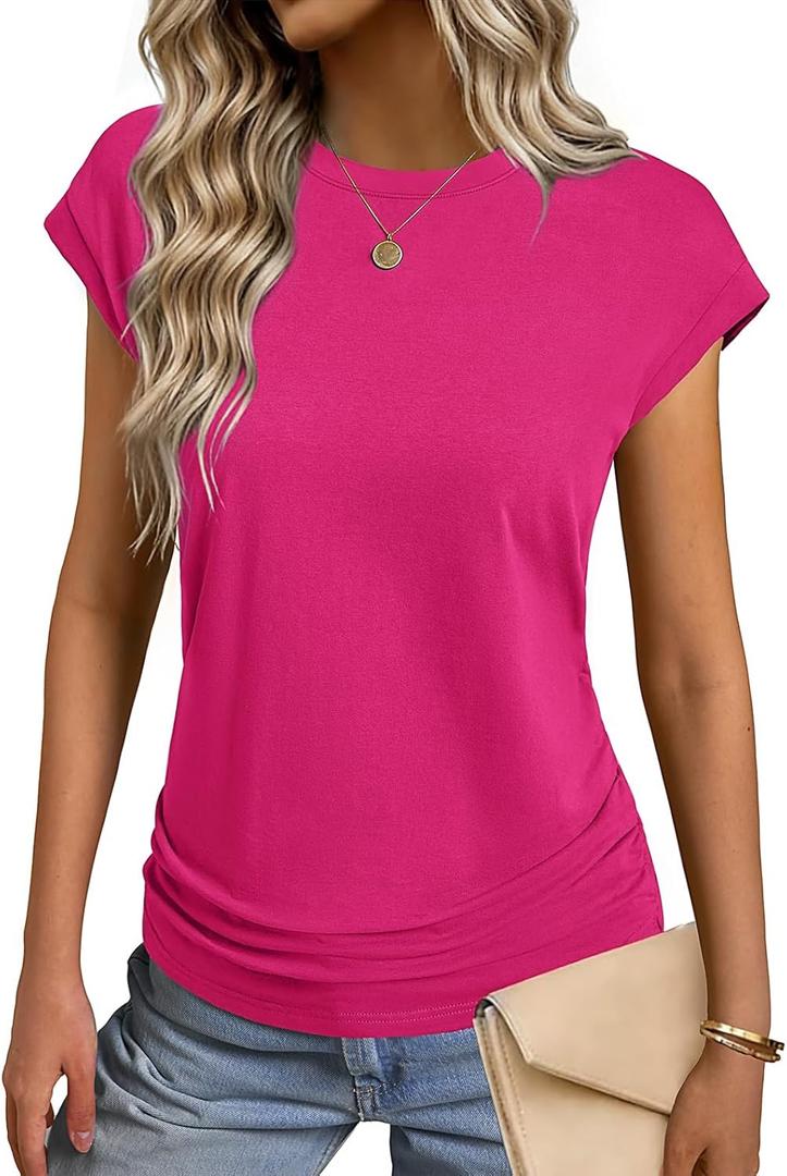 GKBK Womens Summer Cotton Tops Ruched Cap Short Sleeve Tshirts Crew Neck Shirts Fashion Trendy 2026 (Pink, L)