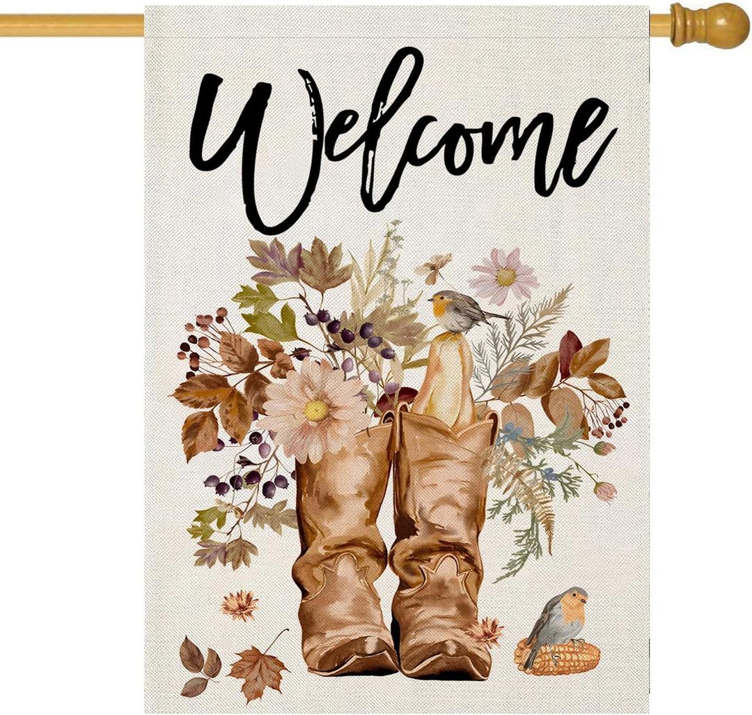 Welcome Fall House Flags for Outdoor Decoration, Thanksgiving Boots with Maple Leaves Flowers Large Yard Flag, Decorative Autumn Seasonal Farmhouse Holiday Outside Decor 28x40 Inch Vertical Double