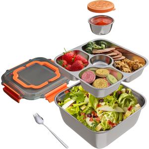 Stainless Steel Salad Container for Lunch,64-oz Portable Salad Bowls with 4-Compartment Bento-Style Tray,Leak-Proof Salad Containes for work picnic(Orange)
