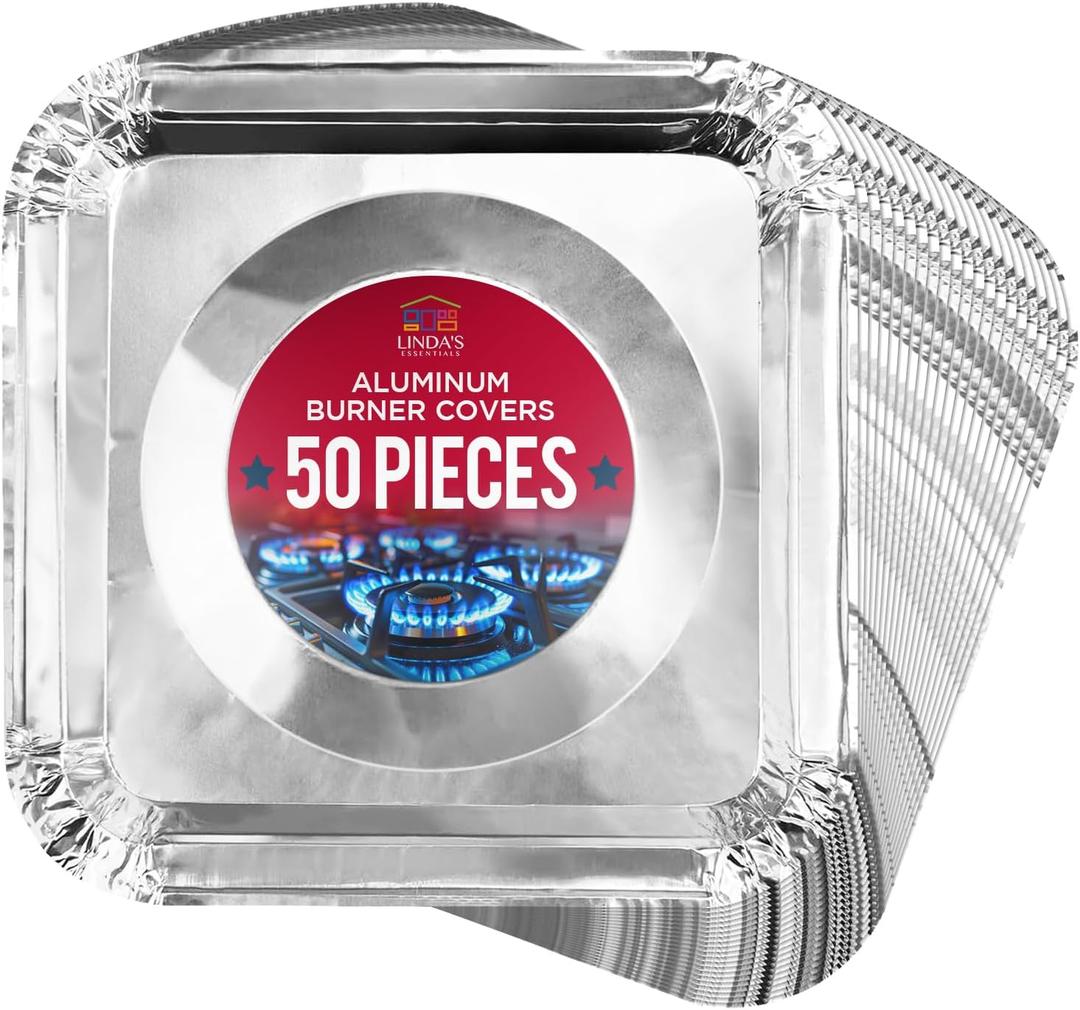 Gas Stove Burner Liners (50 Pack) - Disposable Aluminium Foil Covers, 8.5 Heat-Resistant Protector, Fits Gas or Electric Ranges, Thick Foil for Mess-Free Cooking, Perfect Stove Cover for Kitchen