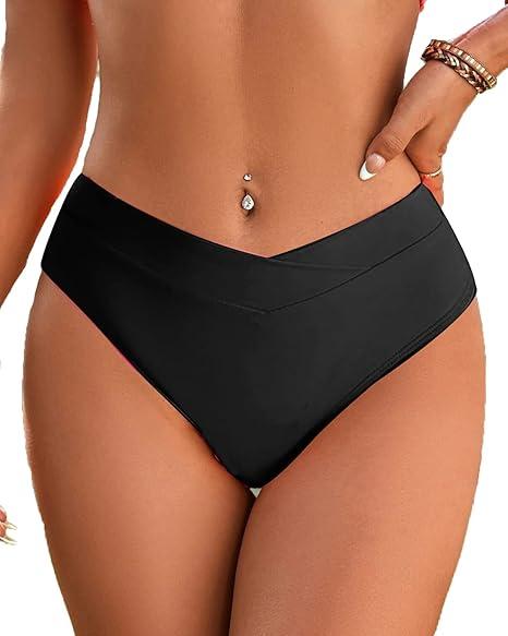 Women's Bikini Bottom Cross V Cut Front Swimsuit Full Coverage Bathing Suit Bottoms, Size L