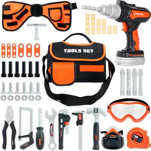 SMILESSKIDDO Kids Tool Sets for Boys Ages 4-6, 48pcs Toddler Tool Set with Electronic Toy Drill, Kid Tool Belt, Tape Measure. Pretend Play Construction Tools Toy Gifts for Boys Girls Ages 3+