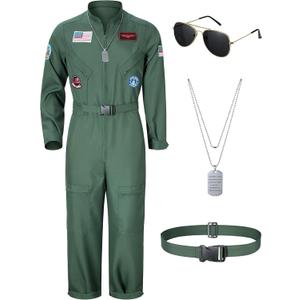 TOKYO REVENGERS Men Fighter Pilot Jumpsuit Air Force Flight Outfit Halloween Cosplay Costume With Accessories Set (Small, Green)