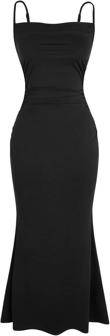 Milumia Women's Sexy Sleeveless Spaghetti Strap Ruched Maxi Slip Dress Long Bodycon Fishtail Dress (Medium, Black)