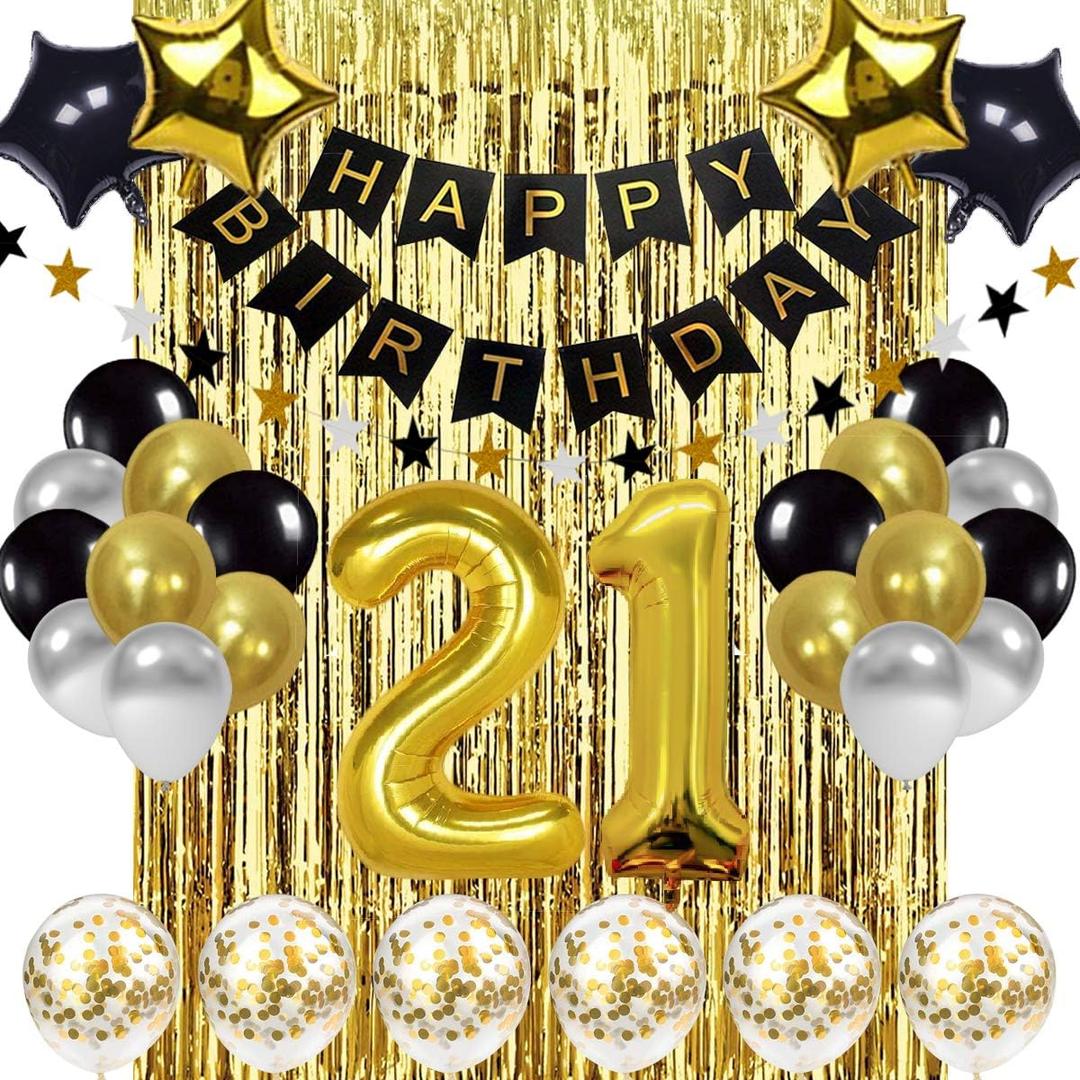 Black and Gold 21th Birthday Decorations Banner Balloon, Happy Birthday Banner,21th Balloons, Number 21 Balloons, 21 Years Old Birthday Decoration Supplies
