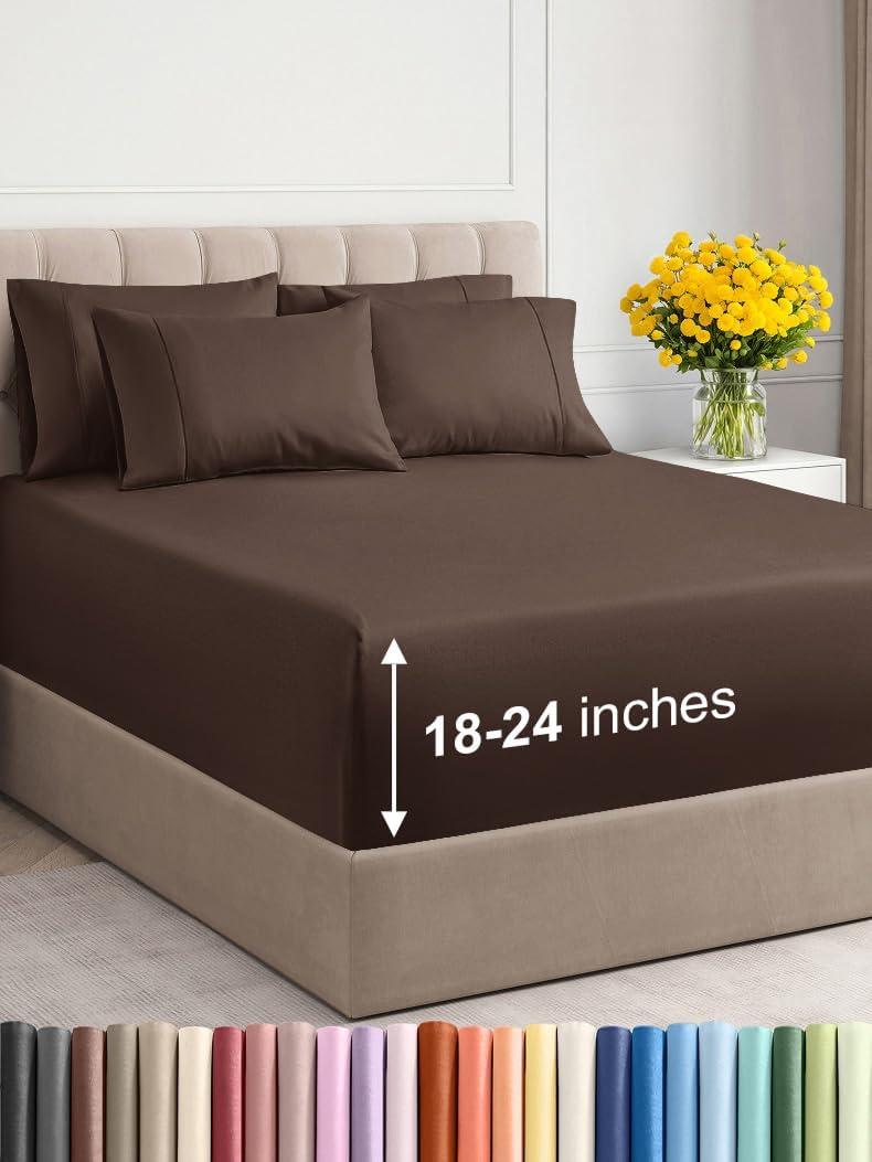 Extra Deep King Sheet Set - 6 Piece Breathable & Cooling Sheets - Hotel Luxury Bedding Set w/18-24 Inch Extra Deep Pockets - Easy & Secure Fit - Super Soft, Wrinkle Free and Comfy - Brown, King Size