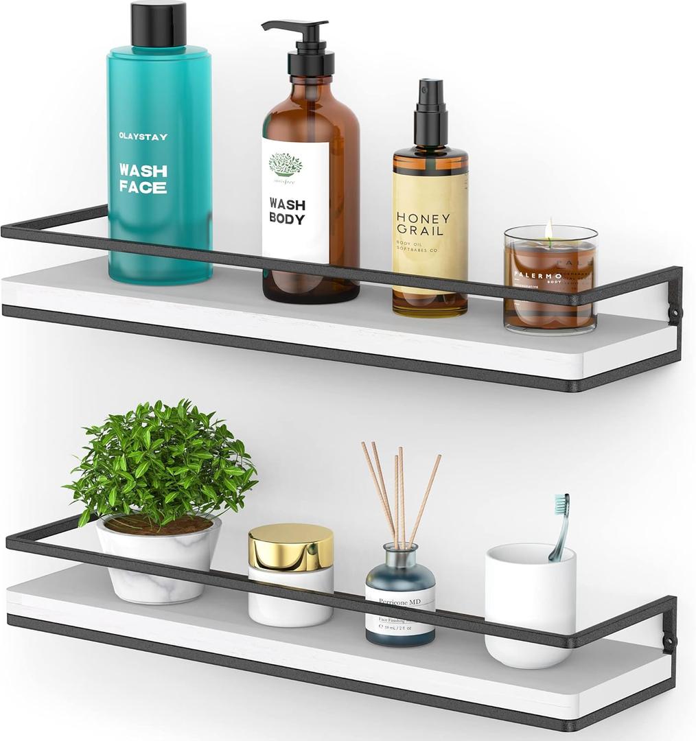 Meangood Floating Shelves Wall Mounted Set of 2, Rustic Wood Wall Storage Shelves for Bedroom,Living Room,Bathroom, Kitchen (White) (2 Pack)