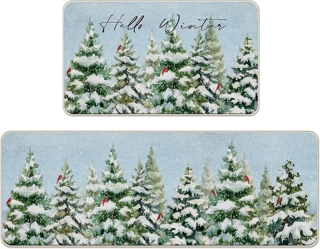 Livcoz Hello Winter Pine Tree Kitchen Rugs Set of 2, Snowy Forest Cardinal Farmhouse Floor Mats Decor, Rustic Christmas Door Mat Home Decorations - 17x29 and 17x47 Inches
