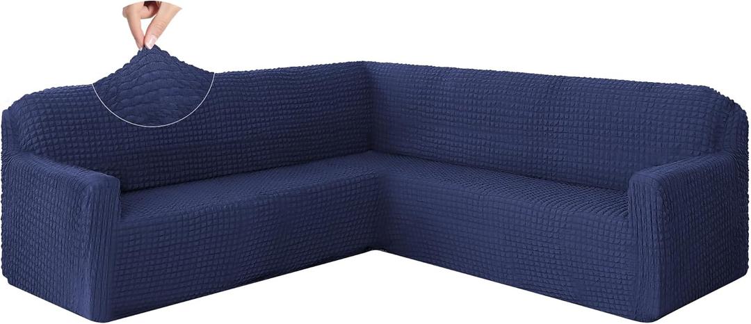 HDCAXKJ Sectional Couch Cover L Shape Sofa Covers Washable Stretch Couch Covers for Sectional Sofa 1 Piece Seersucker U Shaped Couch Slipcover Furniture Protector for Pets Dogs (Navy, X-Large)