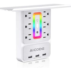 Socket Outlet Shelf,Wall Outlet Surge Protector,6 Electrical Outlet Splitter with 3 USB Outlet,Multi Plug Outlet,Charging Shelf,Outlet Expander with 6 Nightlight for Home