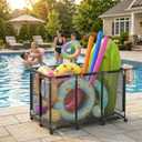 ALIMORDEN Pool Storage Bin with Wheels, Extra Large Pool Toy Organizer with Handles, Mesh Rolling Pool Float Storage for Outdoor, Holds Noodles Floats Towels, Heavy Duty Metal Frame for Patio, Black