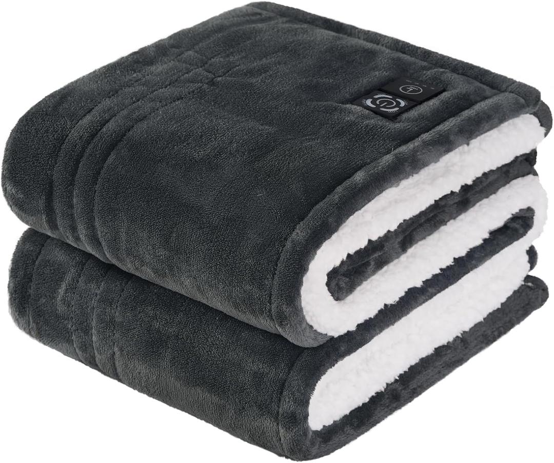 Sealy Heated Blanket Throw with Built-in Button Controller, Reversible Flannel to Sherpa Electric Blanket with 2-10 Hours Auto-Off & 4 Heating Levels, Over-Heat Protection, 50x60 Inch, Charcoal