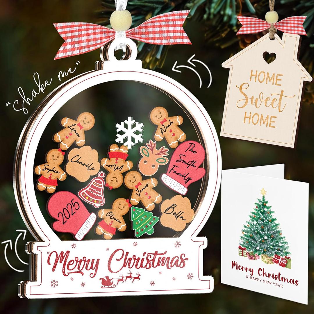 6" Shaking Christmas Ornament 2025 for Family of 2,3,4,5,6,7,8,9,10,11,12,13,14,15,16, DIY Gingerbread Keepsake with Dog Cat, New Home Ornament, Gifts for Xmas Tree Hanging Decor HO49-6W