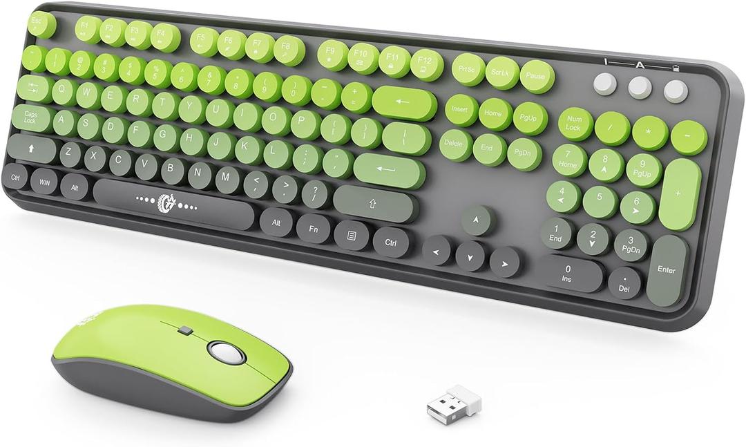 Wireless Keyboard and Mouse Combo, 2.4GHz Colorful Keyboard Cute Typewriter Full-Size Retro Creamy Keyboard and Mouse Set for Desktop Laptop PC Computer (105 Keys Matcha Green)