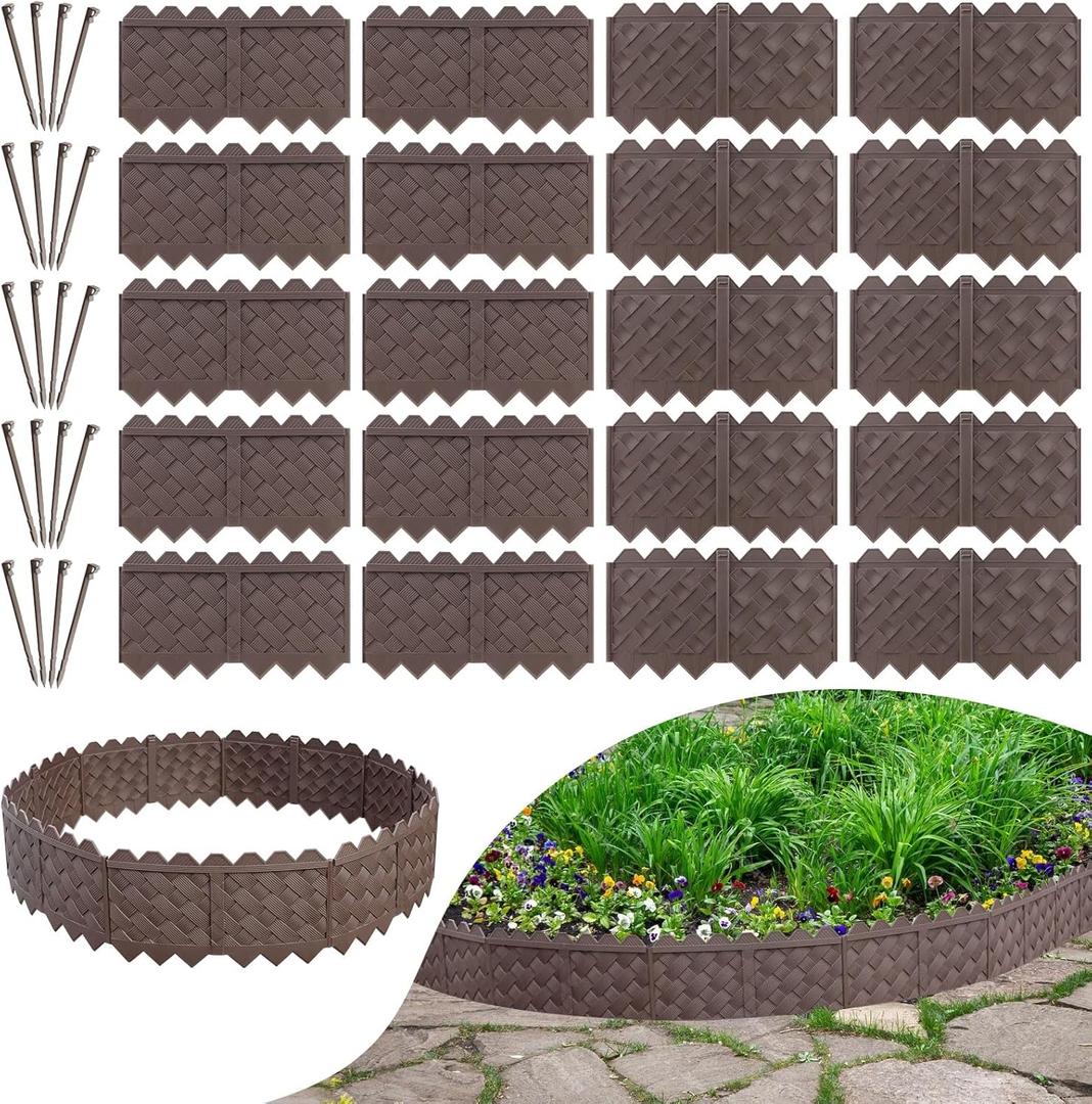 20-Pack Weaving Flower Bed Garden Edging Borders (20 FT) - No Dig Border Edgings with 8.5 Anchor Stakes & Interlocking Design-Thickened Borders for Lawns, Flower Beds & Landscaping