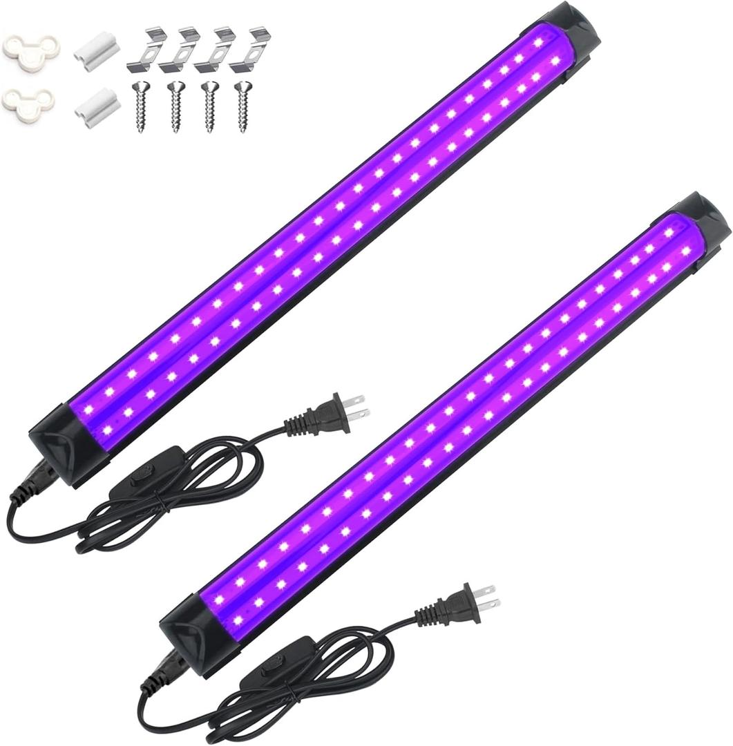 2 Pack 10W 48 LED Black Light Bars 1Ft 395-400nm UV Blacklight Tube with 5.9Ft Cord+Plug+Switch Linkable Black Light Fixtures for Bedroom Poster Body Paint Halloween Glow Party