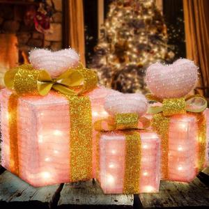 Tngan Pink Lighted Gift Boxes, Christmas Decorations for Indoor Outdoor, Room Decor for Bedroom, 60 LED Light Up Pink Gifts Battery Operated for Christmas Wedding, Set of 3