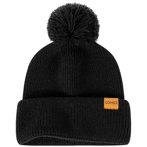 Gopaice Womens Winter Knitted Beanie Hat, Knitted Soft Ski Cuff Cap with Pom Pom Warm Fleece Lined Hat Black