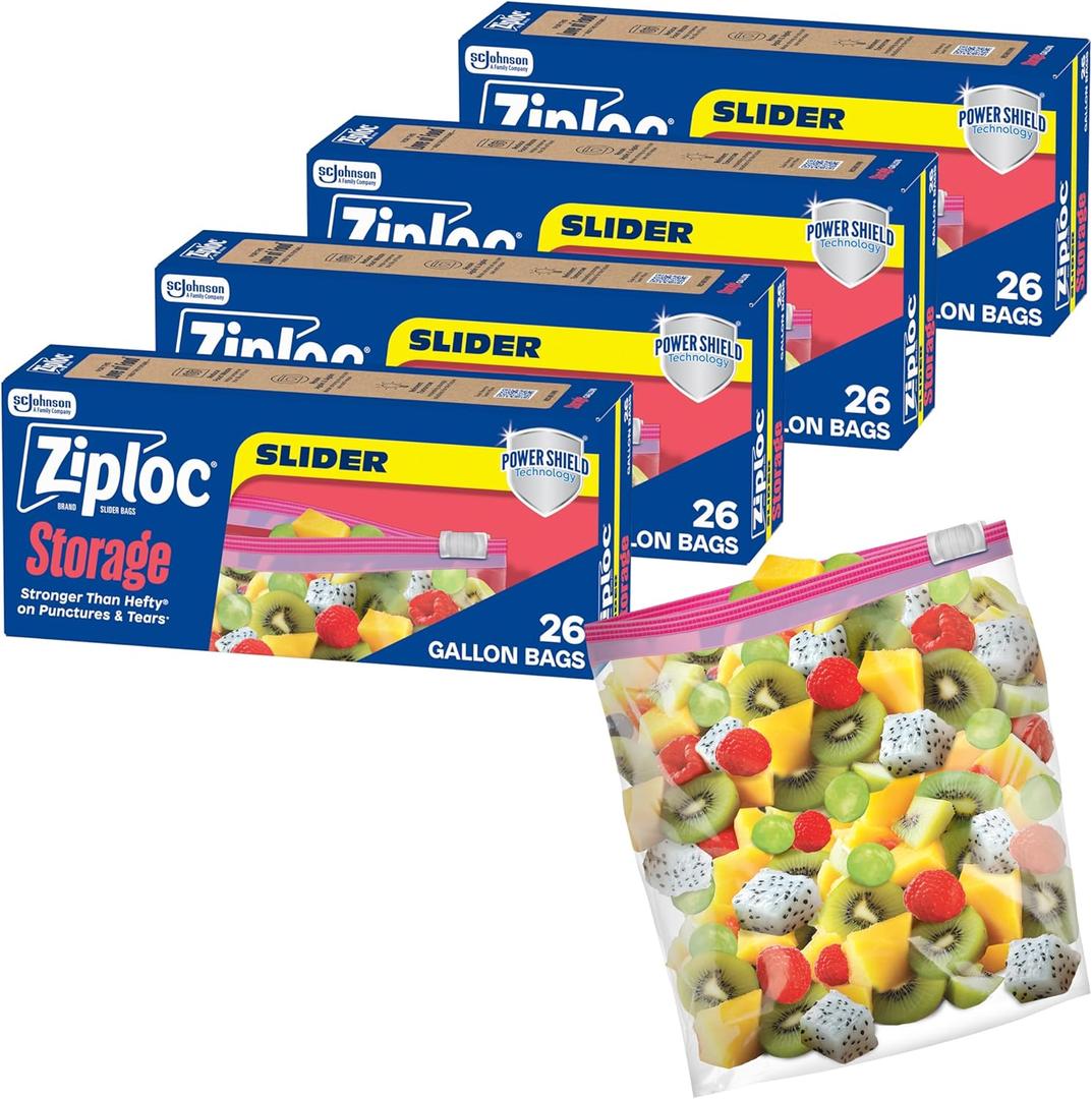 Ziploc Gallon Food Storage Slider Bags, Power Shield Technology for More Durability, 104 Bags Total