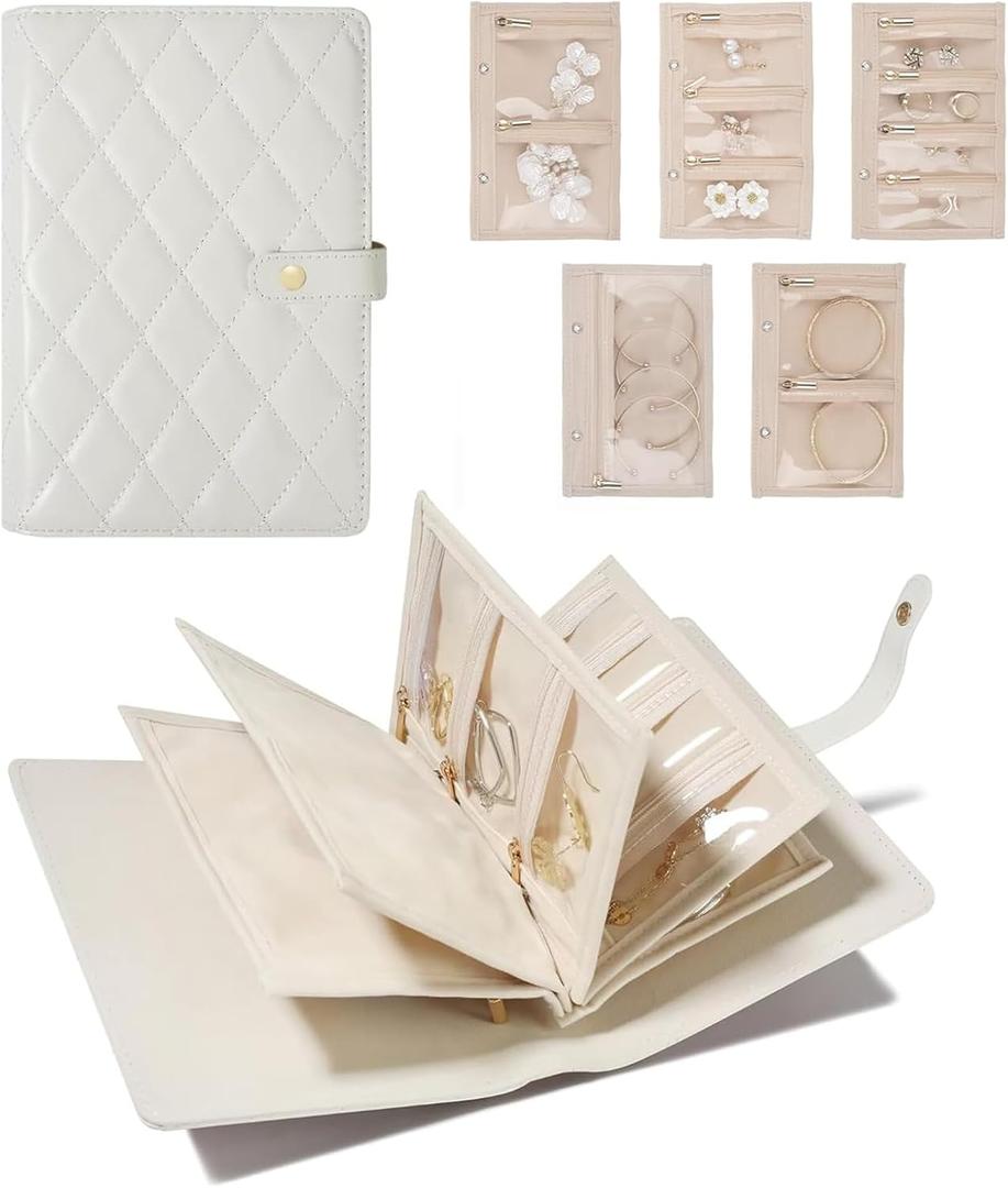 Travel Jewelry Organizer Case, Jewelry Storage Book Ring Binder with Clear Zipper Velvet Pouches for Necklaces, Rings, Earrings, Bracelets Gifts for Women Cream White