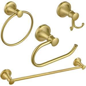 BESy Brushed Gold 4 Piece Bathroom Accessories Set (Single Towel Bar, Towel Ring, Toilet Paper Holder, Double Towel Hooks), Wall Mounted Bath Hardware Accessory Fixtures Set