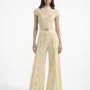 Generale Women's Elegant Two-Piece Lace Top Short Buttons Asymmetric Short Sleeves Loose Trousers Evening Outfit, XL