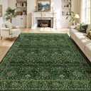 Washable 8x10 Area Rug for Spring Living Room Bedroom Dining Room Under Kitchen Table,Non-Slip Low Pile Stain Resistant Soft Large Carpet for Vintage Floral Oriental Home Decor Grass Green