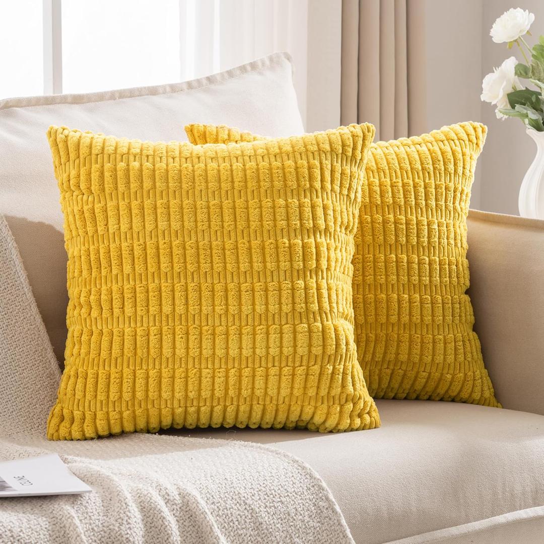 JELLYMONI 2 PCS Yellow Decorative Throw Pillow Covers 18x18 Inch, Corduroy Striped Boho Pillows Cover for Living Room Bed Sofa Couch, Spring Farmhouse Boho Home Decor