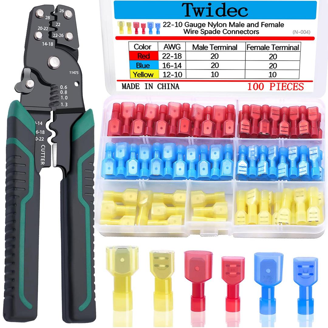 Twidec/100PCS Nylon Spade Connectors Kit 22-10 Gauge Quick Disconnect Fully Insulated Male and Female Wire Spade Terminal Assortment Kit and Wire Crimper Tool with Stripper Cutter