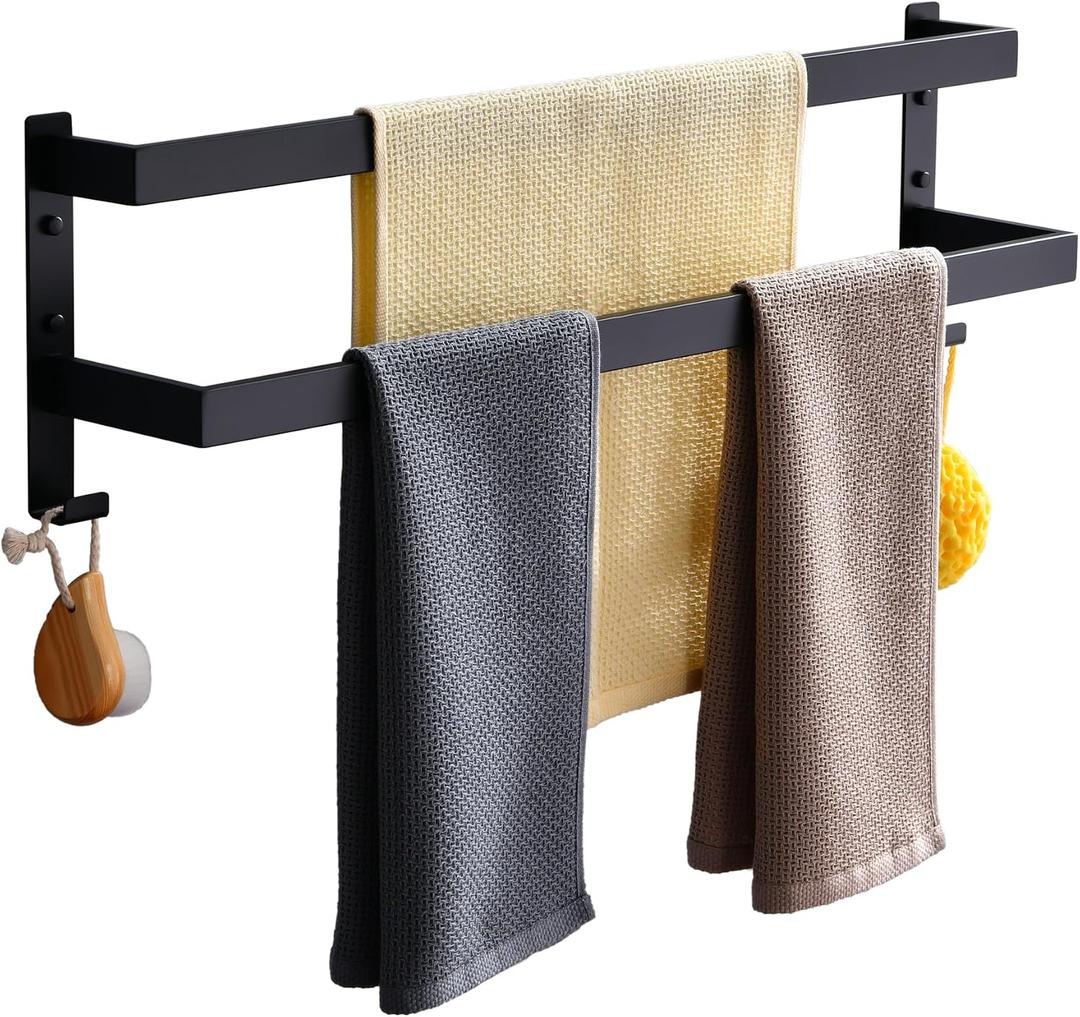 Double Towel Bar Towel Racks for Bathroom, Bath Towel Holders Wall Mount, Stainless Steel Towels Shelves Towel Rail, 2-Tiers (Matte Black, 28 Inches)