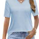 Womens Polo Shirts Short Sleeve V Neck Business Casual Collared Work Tops Ribbed Tunic Tee Basic Solid Summer Tops 2025 (X-Large, Light Blue)