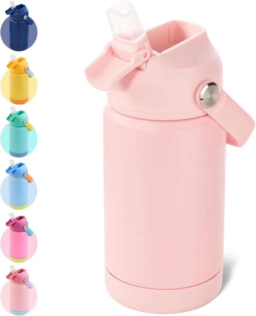 Kerilyn 12oz Kids Water Bottle, Stainless Steel Insulated Water Bottle for Kids, Toddler Cup With Straws Leak-proof, Toddler Water Bottles for School Boys Girls, BPA Free, Pink