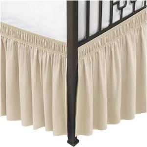 Wrap Around Bed Skirt Queen Size Wrap Around Bed Skirt with Split Corners 15" Drop-Adjustable Elastic Ruffles Fabric(Light Camel,King)