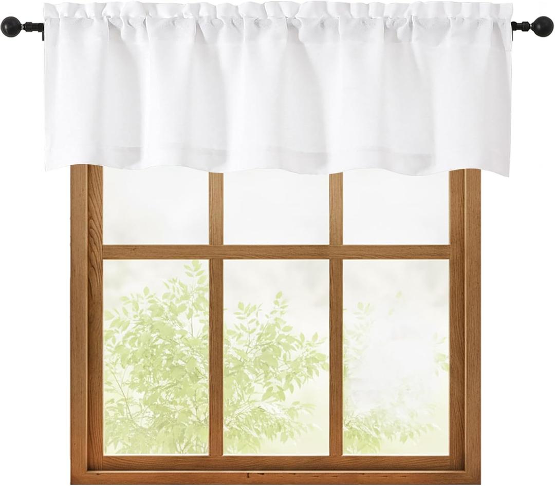 OWENIE White Valances for Windows 1 Pcs, Light Filtering Textured Farmhouse Short Small Valance Curtains for Bathroom Basement Living Room Bedroom, Rod Pocket Half Curtains Over Sink, 52Wx14L Inch