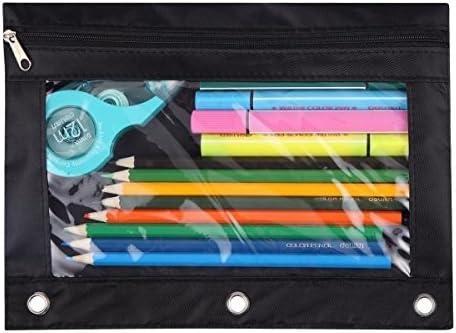 WODISON 3-Ring Pen Pencil Pouch with Clear Window Stationery Bag Binder Case Classroom Organizers Black
