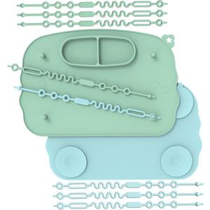 Baby Placemats for Weaning Babies - 2 Silicone Toddler Placemat with 4 Strong Suction Cups & 8 Stretchable Straps | BPA-Free Baby Table Mat for Restaurants, Dining Table & Toddler Mealtime (Blue Green)