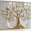 Tree of Life Canvas Wall Art Gold White Flowers Wall Decor Picture Natural Landscape Poster Print Artwork For Living Room Bedroom Office Paintings Decoration Prepare to hang 48x24in