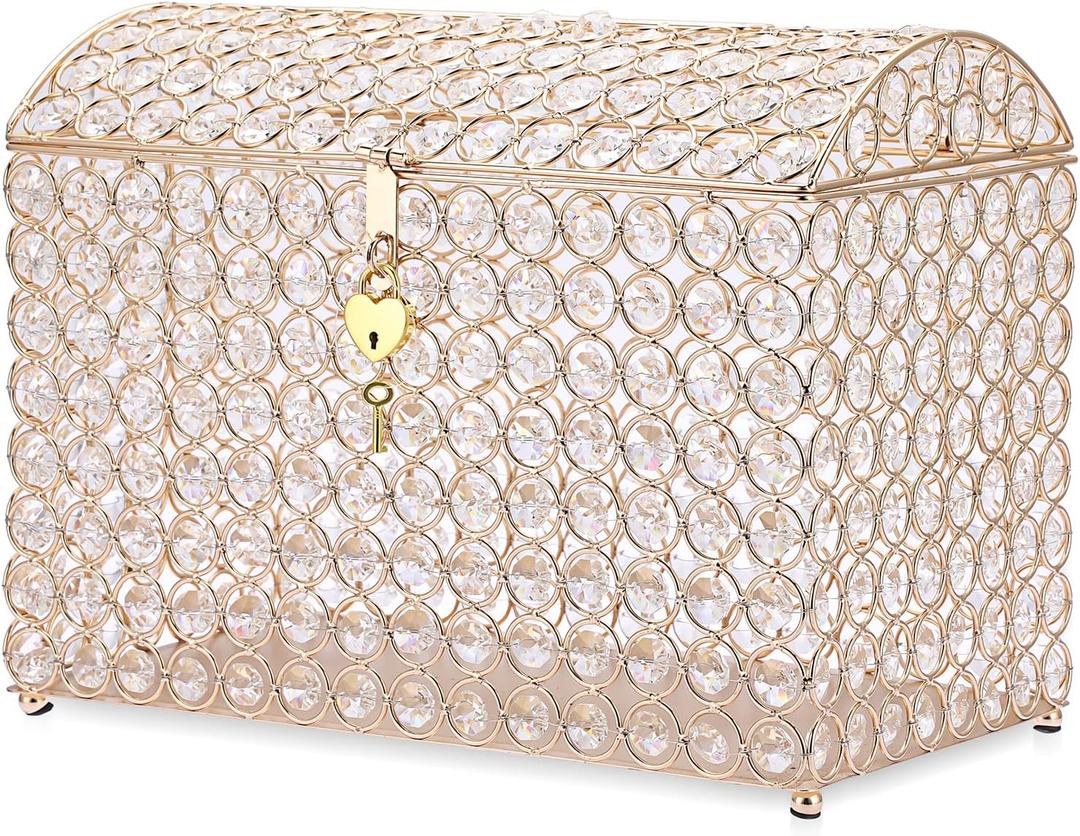 ELLDOO Crystal Wedding Card Box with Heart Lock, 12.6" x 6.3" x 9.4" Money Card Box Treasure Chest Style Gold Gift for Wedding Receptions, Centerpiece Decor, Anniversary, Keepsake, Gift Display Box