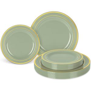 Whaline 50Pcs Sage Green Plastic Plates Gold Foil Bordered Disposable Plates Decorative Dinner Dessert Plate for Bridal Shower Wedding Party Supplies Table Decor