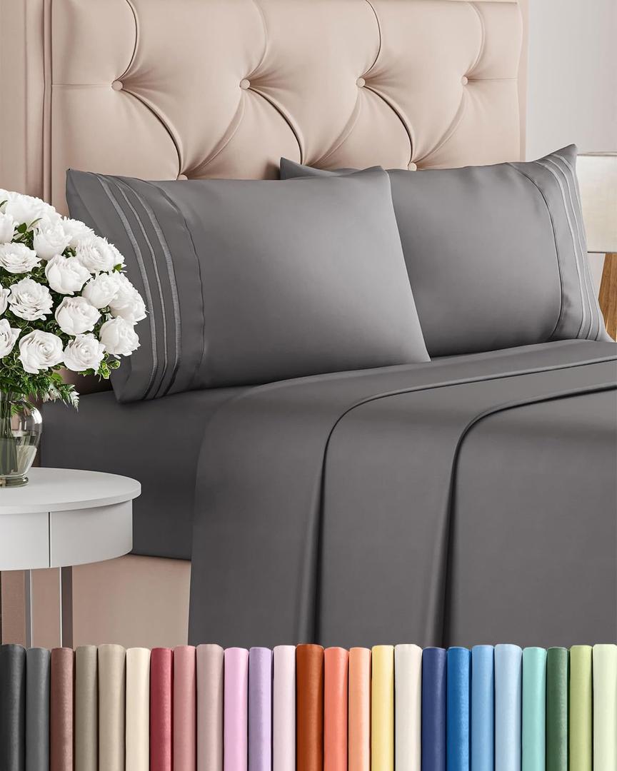 Queen Size 4 Piece Sheet Set - Comfy Breathable & Cooling Sheets - Hotel Luxury Bed Sheets for Women and Men - Deep Pockets, Easy-Fit, Soft and Wrinkle Free Sheets - Dark Grey Oeko-Tex Bed Sheet Set