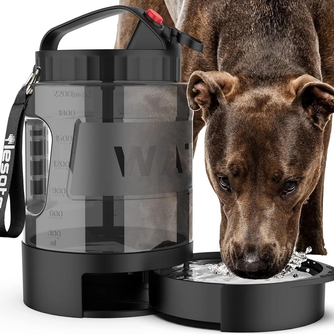 lesotc Portable Dog Travel Water Bottle, 77oz Large Travel Water Bowl for Dogs Camping Hiking Beach Hunting Essentials, Big Pet Bottles Bowl Water Dispenser for On The Go Park Car Walking Accessories (Black)