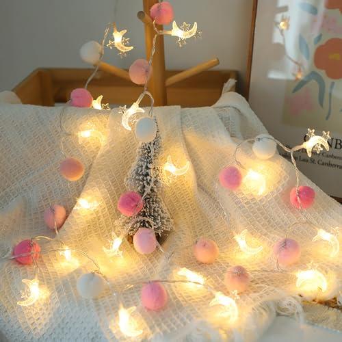 Indoor String Lights 6.56 Feet Pom Poms Moon 20 LED Battery Operated Fairy Warm White Globe Colorful Decor for Home Bedroom Kids Playhouse Holiday Christmas