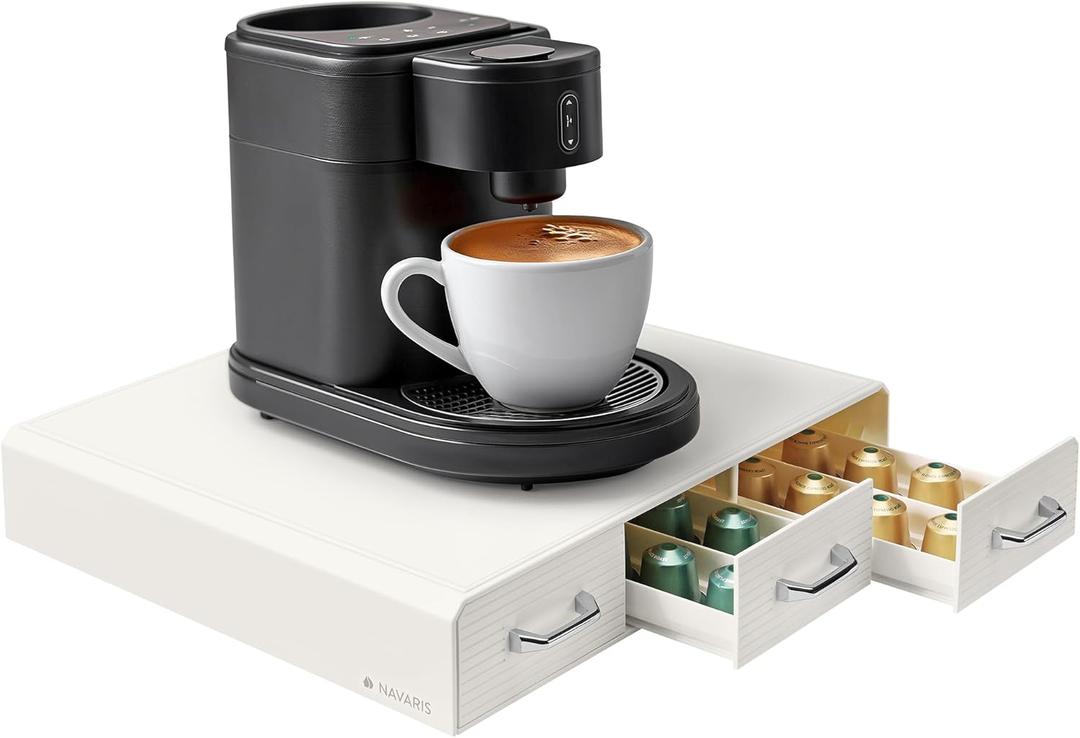 Navaris Coffee Capsule Triple Drawer - Coffee Pod Storage Drawer - Space-Saving Coffee Pods Organizer for Your Kitchen - Coffee Holder for Countertop - Fits Up to 48 Cups -Cream